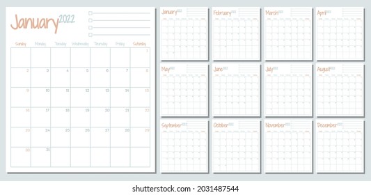 2022 calendar monthly planner, organizer and schedule with To Do List, week starts on Sunday, template, mock up calendar leaf - Illustration. Vector graphic page