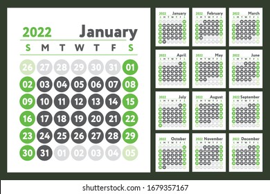 2022 calendar. New year planner design. English calender. Green color vector template. Week starts on Sunday. Business planning. 