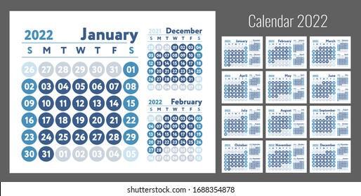 2022 calendar. New year planner design. English calender. Blue color vector template. Week starts on Sunday. Business planning. 