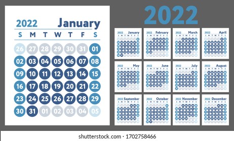 2022 calendar. New year planner design. English calender. Blue color vector template. Week starts on Sunday. Business planning. 