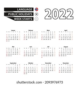 2022 calendar in Norwegian language, week starts from Sunday. Vector Illustration. Translation: “Months of the year and days of the week”.