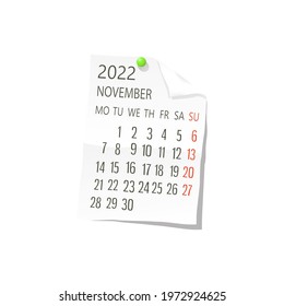 2022 Calendar on white paper, November. Editable vector over white background