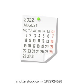 2022 Calendar on white paper, August. Editable vector over white background