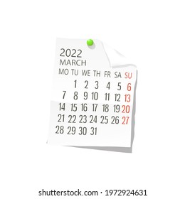 2022 Calendar on white paper, March. Editable vector over white background