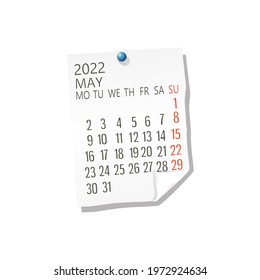 2022 Calendar on white paper, May. Editable vector over white background