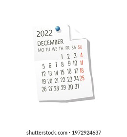 2022 Calendar on white paper, December. Editable vector over white background