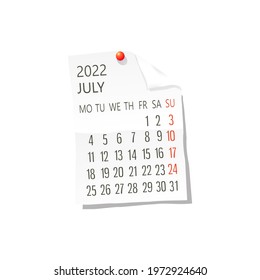 2022 Calendar on white paper, July. Editable vector over white background