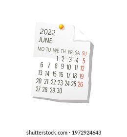 2022 Calendar on white paper, June. Editable vector over white background