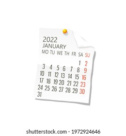 2022 Calendar on white paper, January. Editable vector over white background