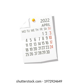 2022 Calendar on white paper, April. Editable vector over white background