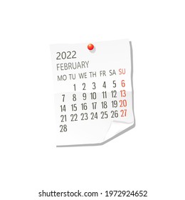 2022 Calendar on white paper, February. Editable vector over white background