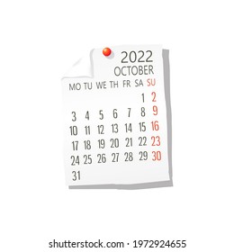 2022 Calendar on white paper, October. Editable vector over white background