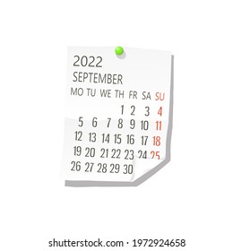 2022 Calendar on white paper, September. Editable vector over white background