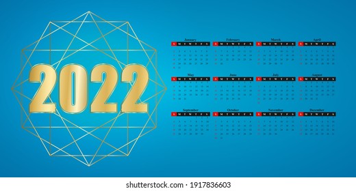 2022 calendar page. Diary desktop with abstract geometric background. Week Start Sunday. Business day and month planner template on futuristic wallpaper. Vector mock up illustration