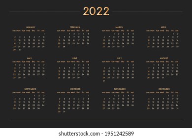 2022 calendar for personal planner diary notebook, gold on black luxury rich style. Horizontal landscape format. Week starts on sunday