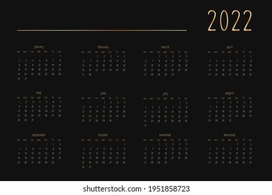 2022 calendar for personal planner diary notebook, gold on black luxury rich style. Horizontal landscape format. Week starts on sunday