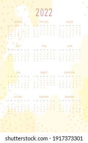 2022 calendar for personal planner and notebook. Warm yellow hand drawn abstract spots and dots, delicate tender cute style. Week starts on sunday