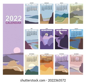 2022 Calendar Planner abstract minimalist contemporary landscape natural backgrounds. Monthly template for diary business. Week Starts Sunday. Vector isolated