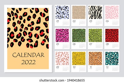 2022 calendar planner with abstract modern leopard pattern. Corporate week. Template layout, 12 months yearly. Simple design for business brochure, flyer, print media, advertisement. A2 size.