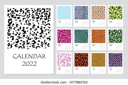 2022 calendar planner with abstract modern leopard pattern. Corporate week. Template layout, 12 months yearly. Simple design for business brochure, flyer, print media, advertisement. A2 size.