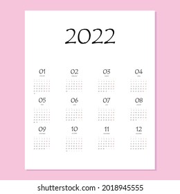 2022 calendar planner. Corporate week. Template layout, 12 months yearly, white background. Simple design for business brochure, flyer, print media, advertisement. Week starts from Monday
