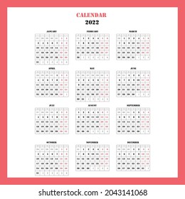 2022 calendar planner. Corporate week. Template layout, 12 months yearly, white background. Simple design for business brochure, flyer, print media, advertisement. Week starts from Monday