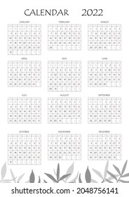 2022 calendar planner. Corporate week. Template layout, 12 months yearly, white background. Simple design for business brochure, flyer, print media, advertisement. Week starts from Monday