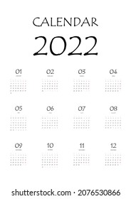 2022 calendar planner. Corporate week. Template layout, 12 months yearly, white background. Simple design for business brochure, flyer, print media, advertisement. Week starts from Monday