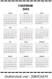2022 calendar planner. Corporate week. Template layout, 12 months yearly, white background. Simple design for business brochure, flyer, print media, advertisement. Week starts from Monday