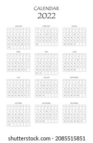 2022 calendar planner. Corporate week. Template layout, 12 months yearly, white background. Simple design for business brochure, flyer, print media, advertisement. Week starts from Monday