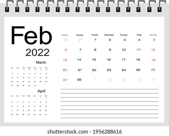 2022 Calendar Planner Design. Monthly scheduler. Week starts on Sunday. FEBRUARY 2022. Vector illustrator.