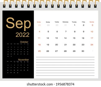 2022 Calendar Planner Design. Monthly scheduler. Week starts on Sunday. SEPTEMBER 2022. Vector illustrator.