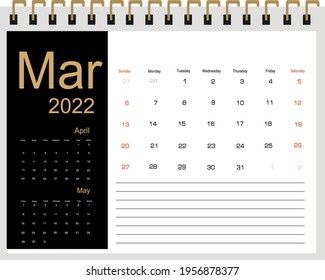 2022 Calendar Planner Design. Monthly scheduler. Week starts on Sunday. MARCH 2022. Vector illustrator.