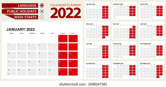2022 Calendar Planner Design, week starts from Monday.
