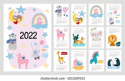 2022 Calendar Or Planner For Kids. Cute Stylized Animals. Editable Vector Illustration, Set Of 12 Monthly Cover Pages. Week Starts On Monday.