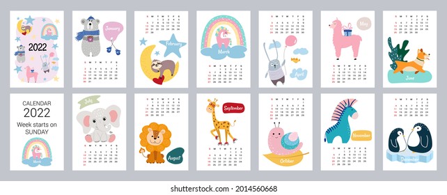 2022 Calendar or planner for kids. Cute stylized animals. Editable vector illustration, set of 12 monthly cover pages. Week starts on Sunday.