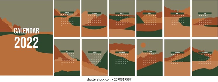 2022 Calendar Planner landscape abstract. Monthly template for diary business. Week Starts Sunday.