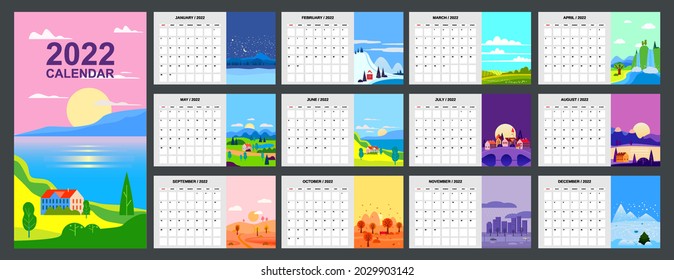 2022 Calendar Planner minimalistic landscape natural backgrounds of four seasons. Winter, Spring, Summer, Autumn. Monthly template for diary business. Week Starts Sunday. Vector isolated
