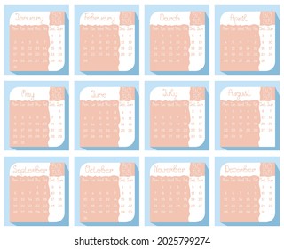2022 calendar planner set of month leaf in pastel color and hand drawn words, week starts on Sunday, template, mock up calendar. Vector graphic page illustration