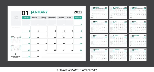2022 calendar planner set for template corporate design week start on Sunday.