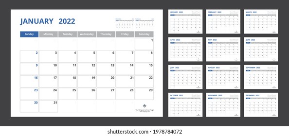 2022 calendar planner set for template corporate design week start on Sunday.