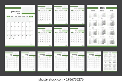 Conjunto de planificadores de calendario 2022 para la semana de diseño corporativo de plantilla comienza el domingo.
