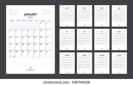 2022 calendar planner set for template corporate design week start on Monday.