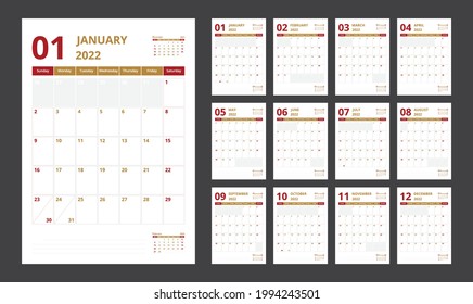 2022 calendar planner set for template corporate design week start on Sunday.