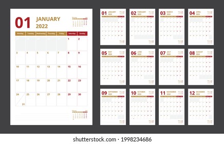 2022 calendar planner set for template corporate design week start on Monday.