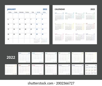 2022 calendar planner set for template corporate design week start on Monday.