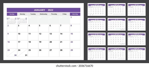 2022 calendar planner set for template corporate design week start on Sunday.