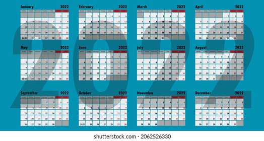 2022 calendar planner set for template corporate design week start on Monday.