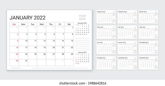 2022 calendar. Planner template. Week starts Sunday. Vector. Yearly calender organizer. Table schedule grid with 12 month. Corporate monthly diary layout. Horizontal simple illustration.