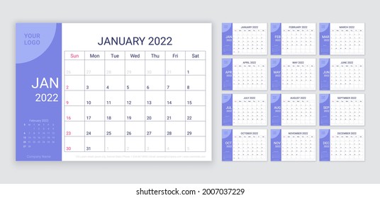 2022 Calendar  planner template. Week starts Sunday. Monthly calender organizer. Vector. Table schedule grid with 12 month. Corporate yearly diary layout. Horizontal simple illustration.